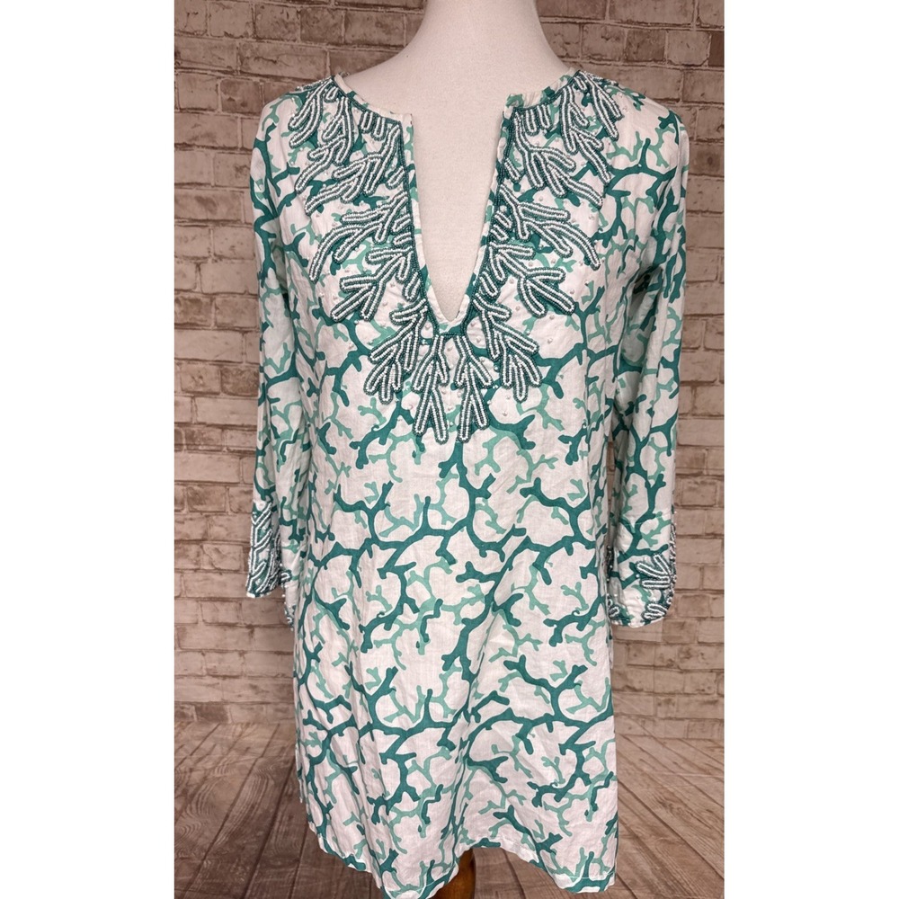 Barbara Gerwit Tunic Womens‎ Small Green Coral Beaded V-Neck Beach Coverup